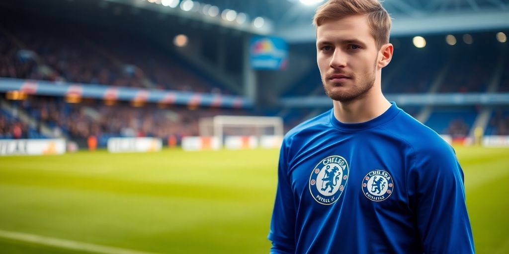 Liam Delap in Chelsea uniform on a football pitch