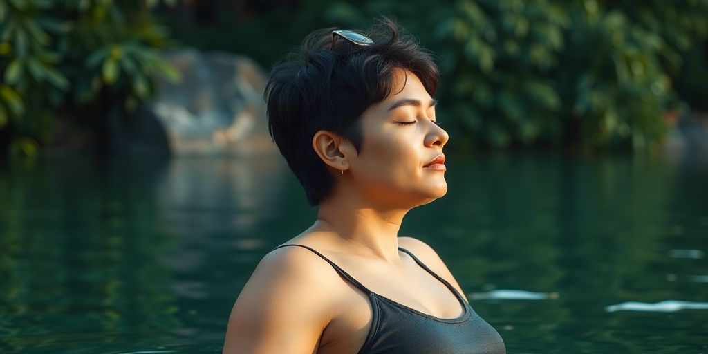 Person relaxing peacefully in a serene natural setting.
