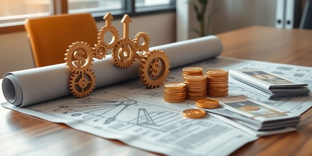 Blueprint, gears, and money.