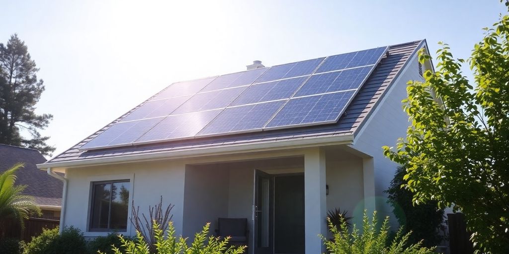 Home with solar panels on the roof and greenery.