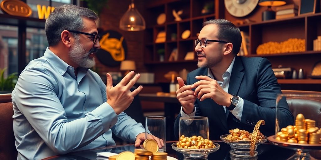 Two investors networking over gold trading in café.