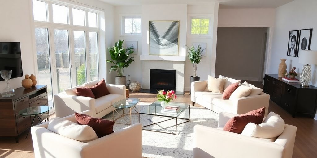 Modern living room with bright decor and natural light.