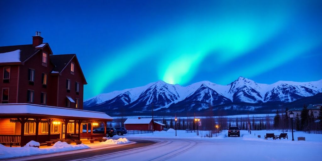 A modern Fairbanks hotel at dusk with snowy mountains.