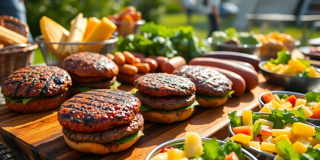 Grilled plant-based burgers and colorful side dishes.