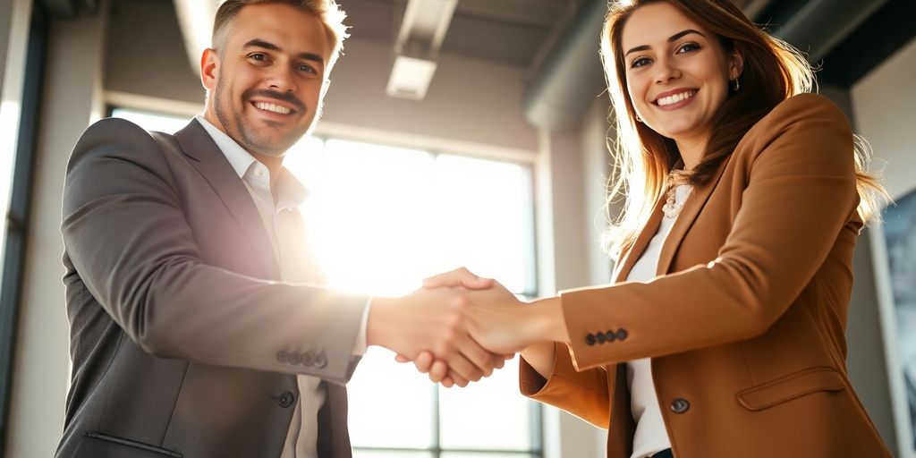 Two diverse professionals shaking hands, smiling.