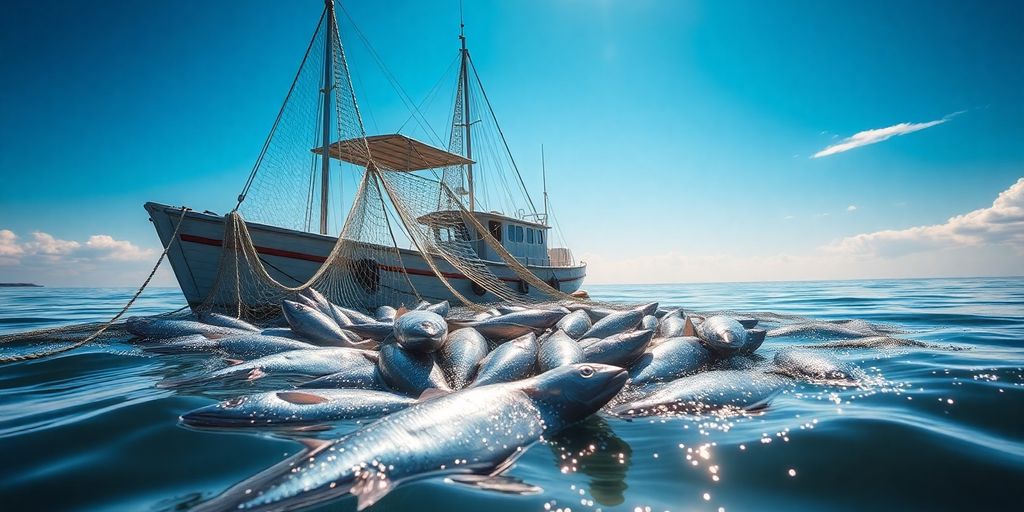 Barco de pesca em rio com rede a recolher peixe.