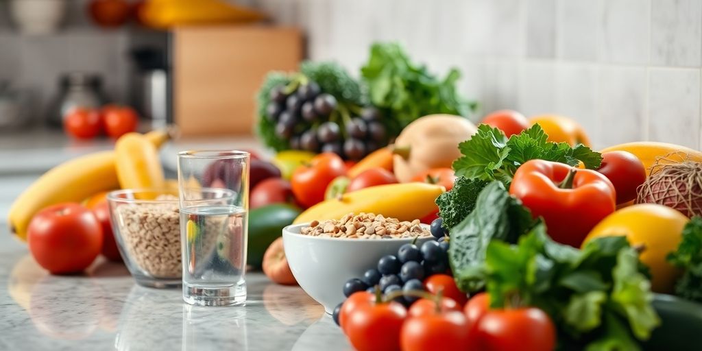 Table with healthy food, no junk food.