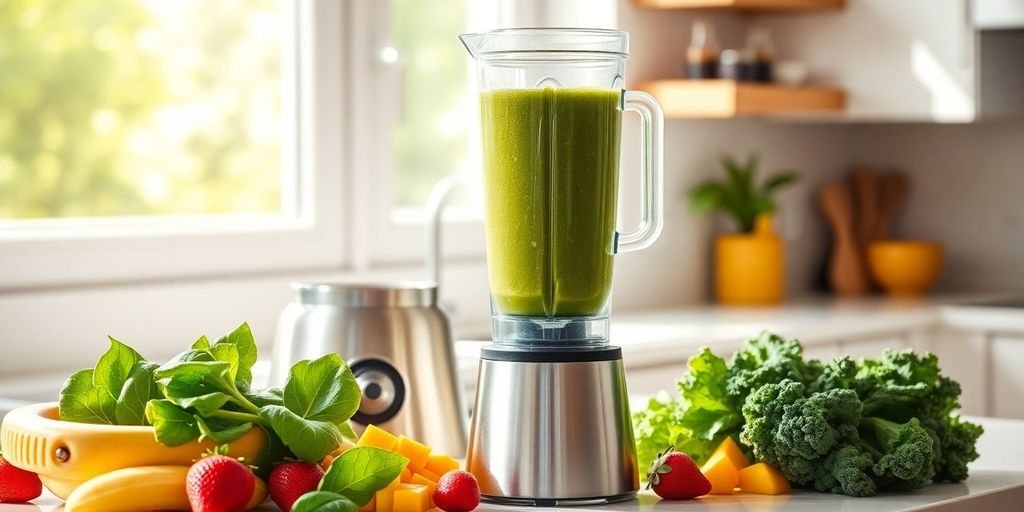 Stainless steel blender mixing green smoothie with fresh fruit ingredients