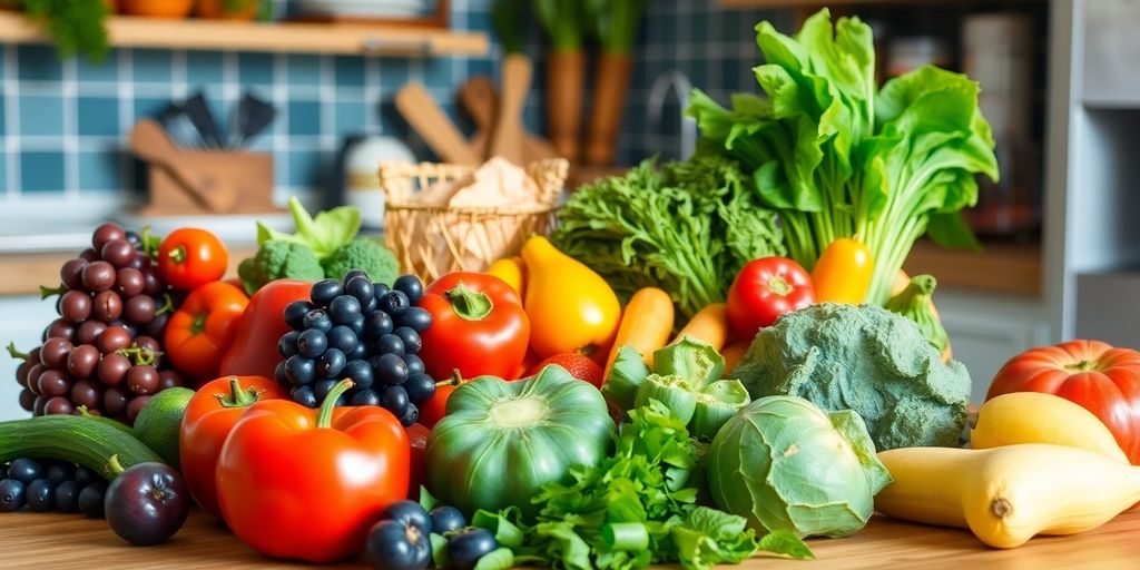 Colorful fruits and vegetables on a kitchen countertop.