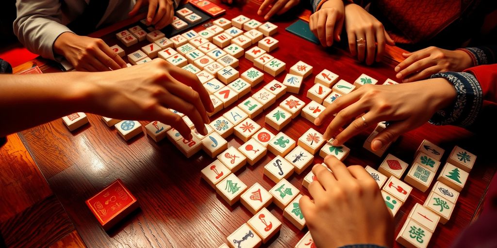 Players' hands reaching for Mahjong tiles on a table.