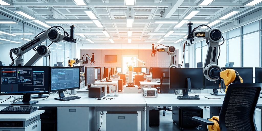 Modern workspace with technology and automation tools.