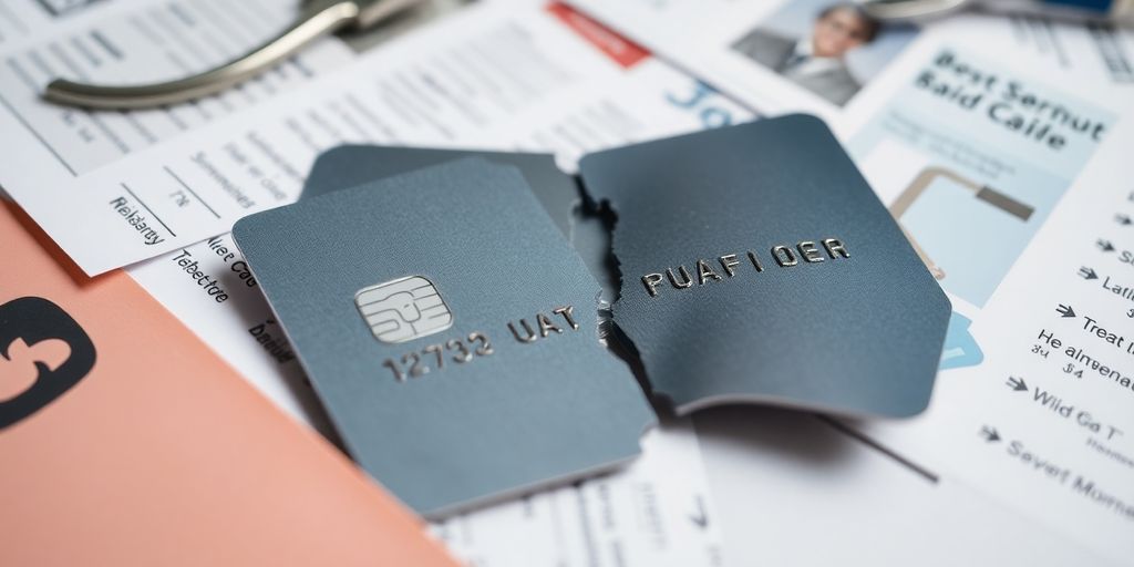 Broken credit card with personal documents on a table.