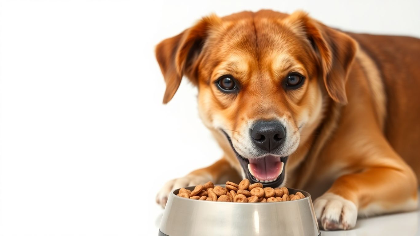 Adult dog eating healthy kibble from a bowl.