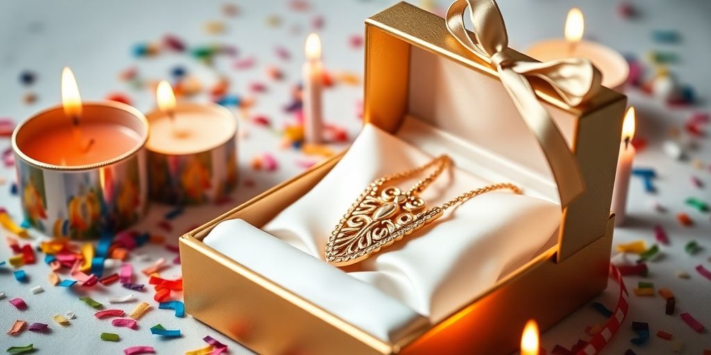 Collier en or dans boîte cadeau dorée sur fond pastel