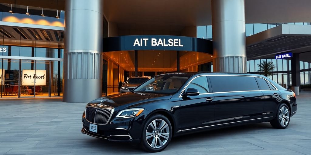Luxury limousine at airport for Art Basel 2025 travelers.