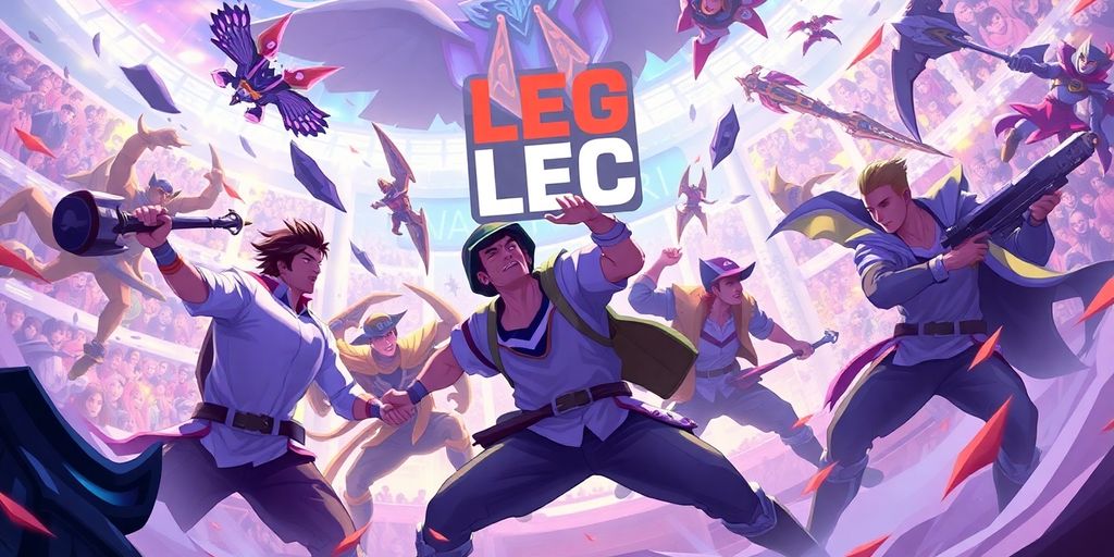League of Legends champions battling in a vibrant arena.