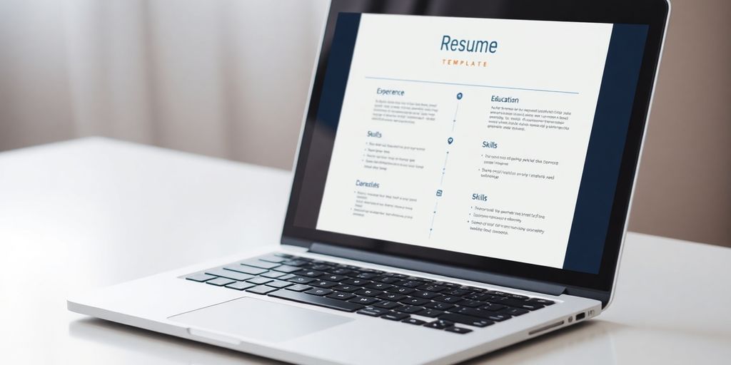 Laptop screen with a resume template open.