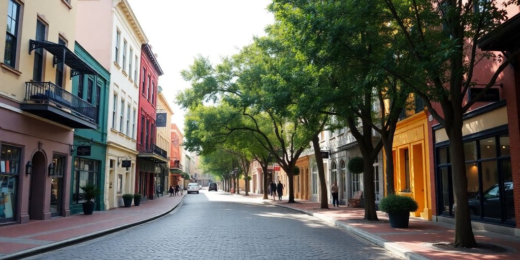 Picturesque Southern city street with historic architecture.