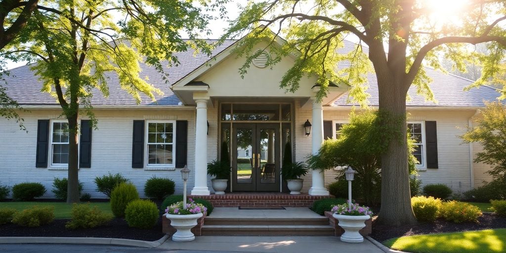 Tranquil funeral home in Pennsylvania with welcoming entrance.