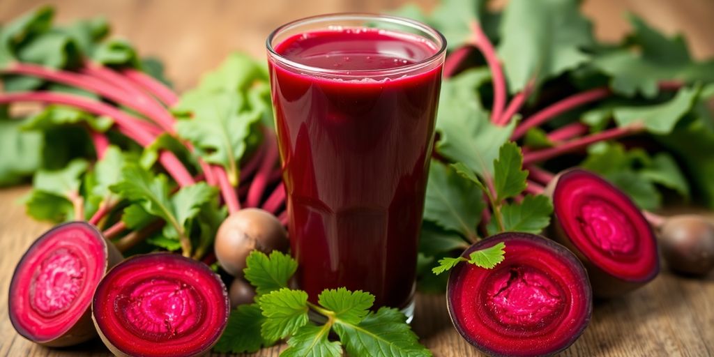 Beetroot juice and fresh beetroots on a wooden table.