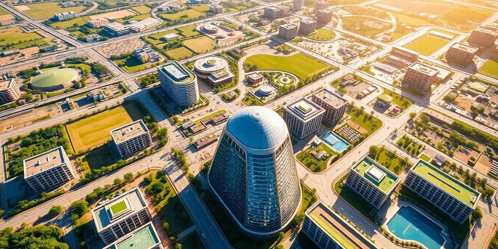 Aerial view of Dholera Smart City with modern architecture.