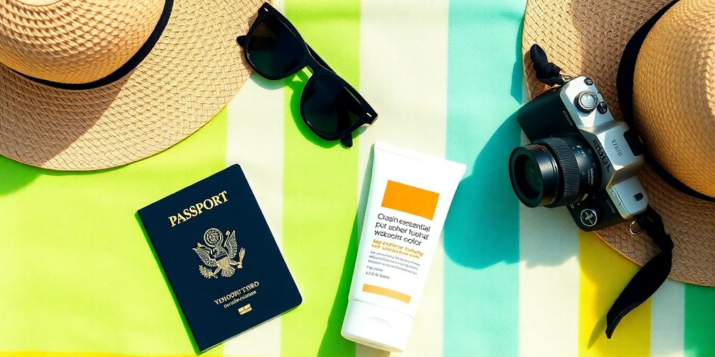 Reiseutensilien für den Traumurlaub auf einem Handtuch.