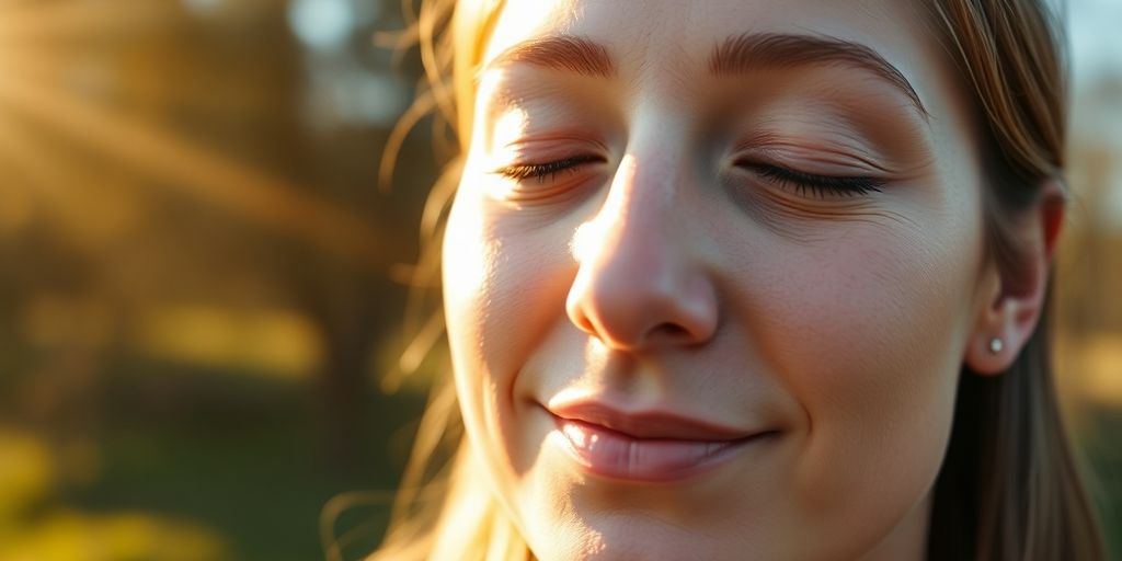 Serene person meditating outdoors, bathed in warm sunlight.
