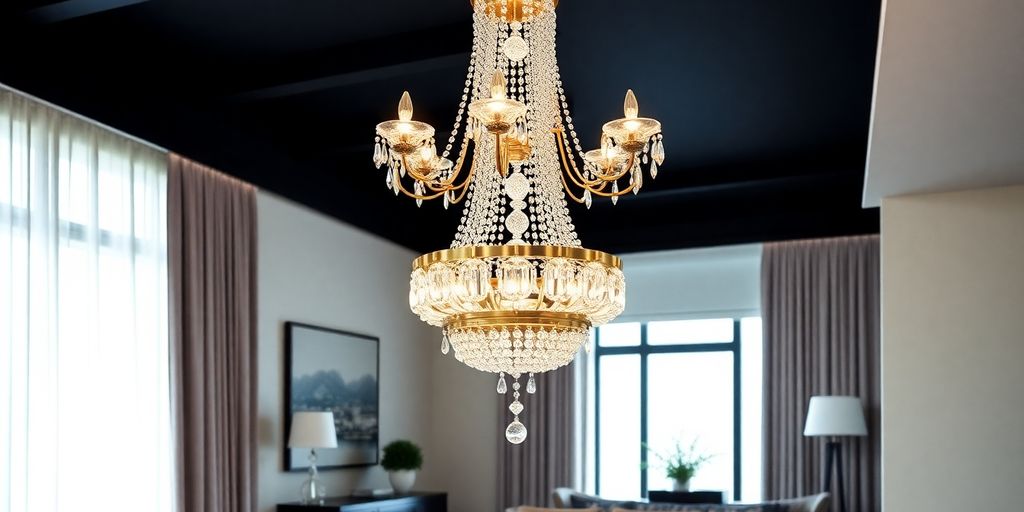 Elegant statement chandelier in a modern dining room.