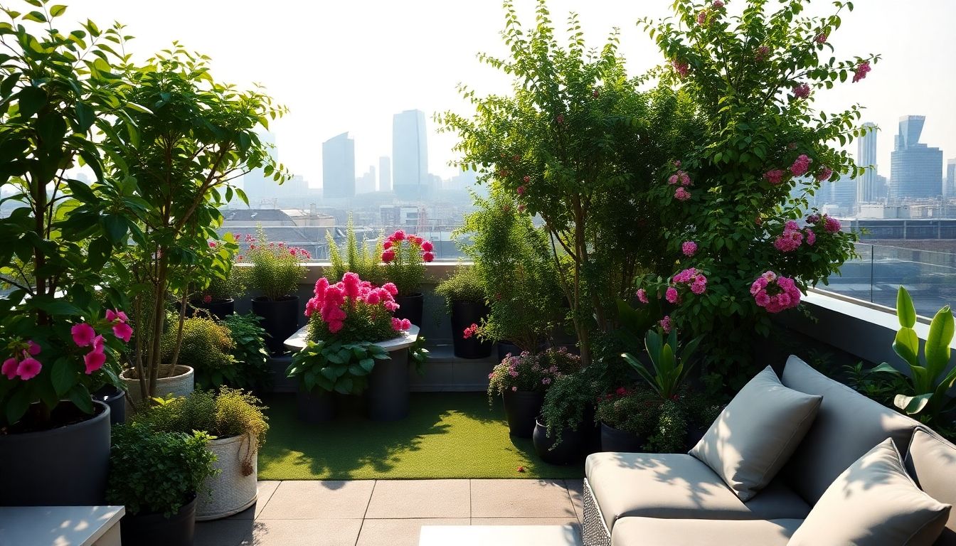 Lush rooftop garden with seating and city skyline.