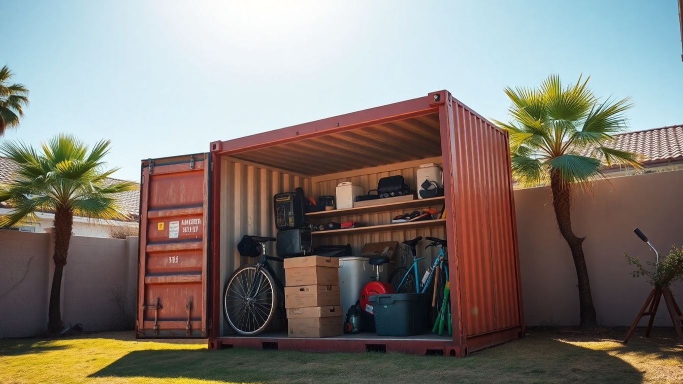 Shipping container in LA backyard, household items.