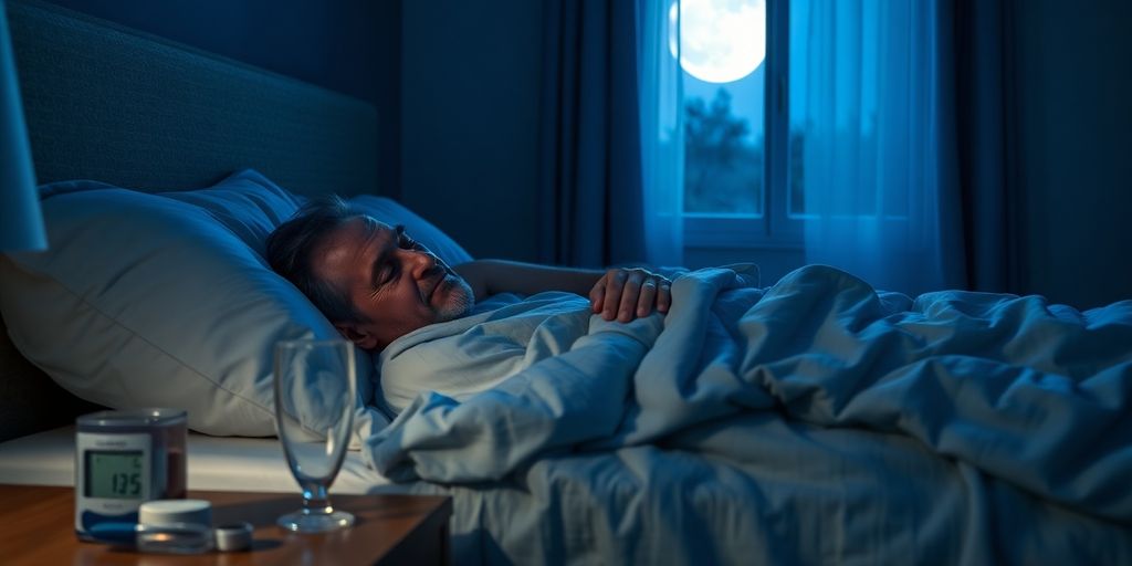 Person tossing in bed beside blood glucose monitor on nightstand