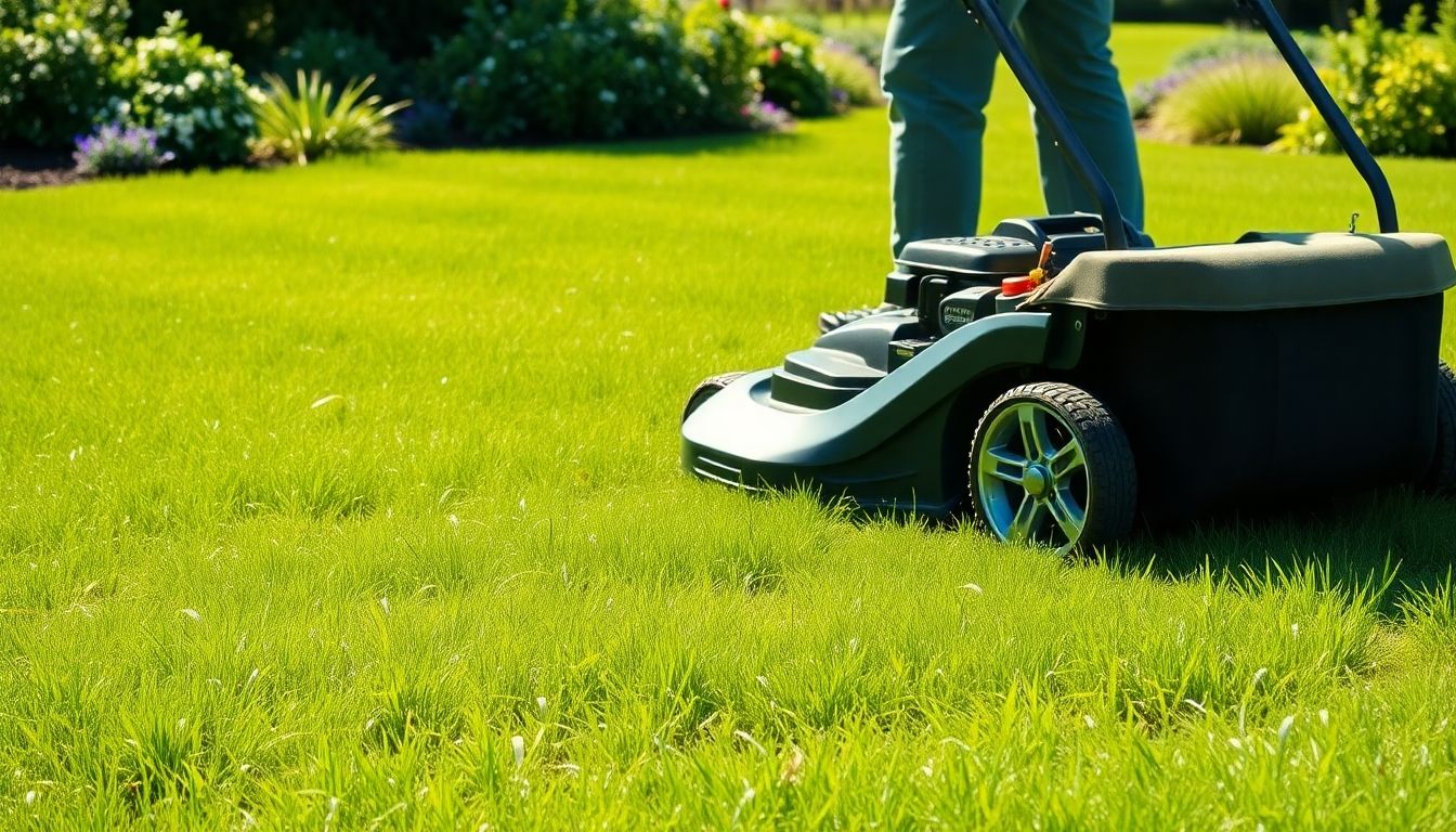 Professional mowing service in a lush green garden.