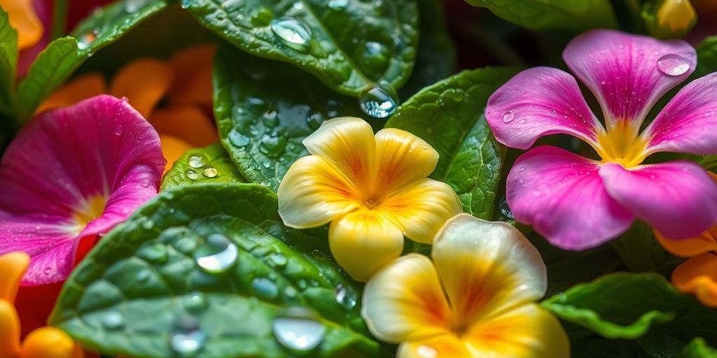 Fresh botanical ingredients with delicate water droplets.