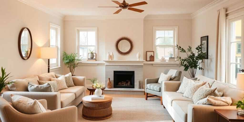 Cozy living room with soft neutral paint colors and decor.