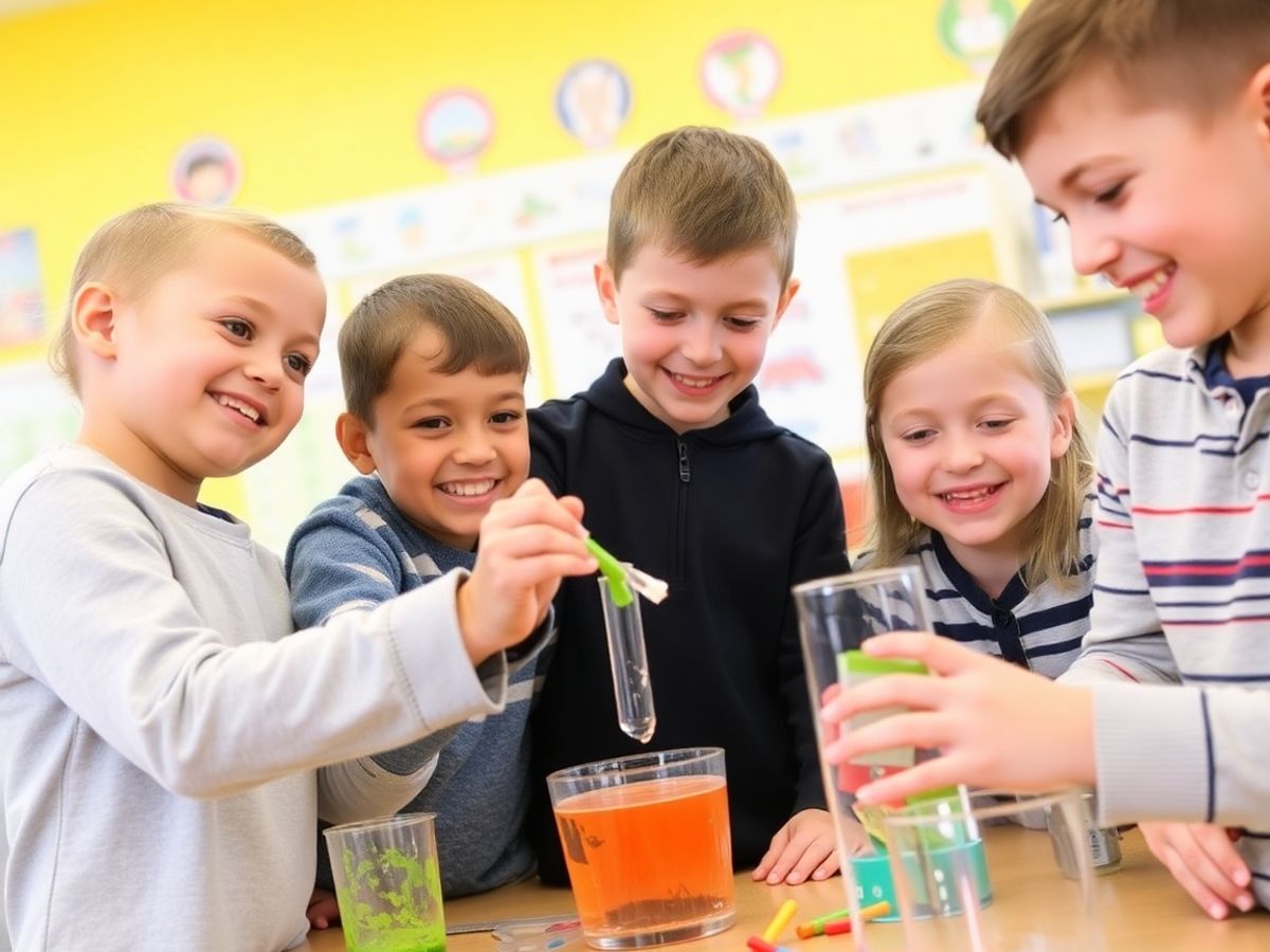 Copii experimentând în laborator, plini de entuziasm.