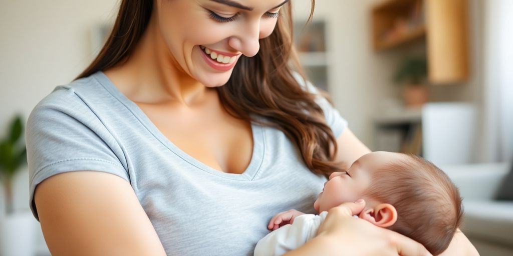 أم مرضعة تحمل طفلها وابتسامة على وجهها