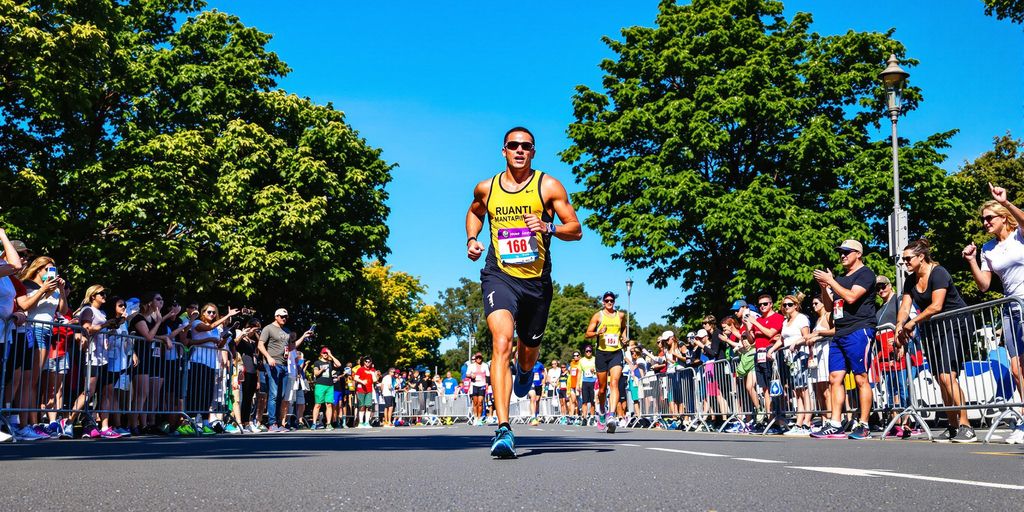 Runner racing towards a marathon finish line with enthusiasm.