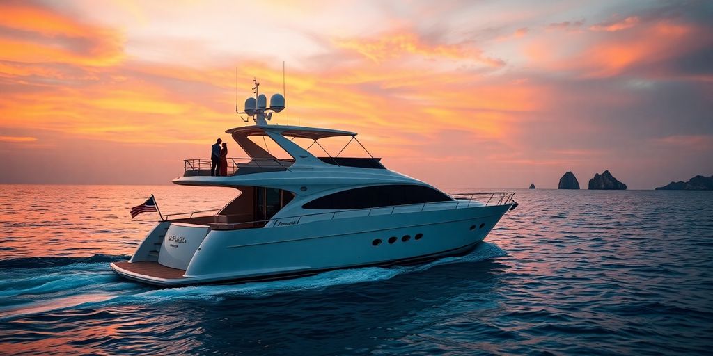 Couple embracing on a private boat at sunset in Cabo.