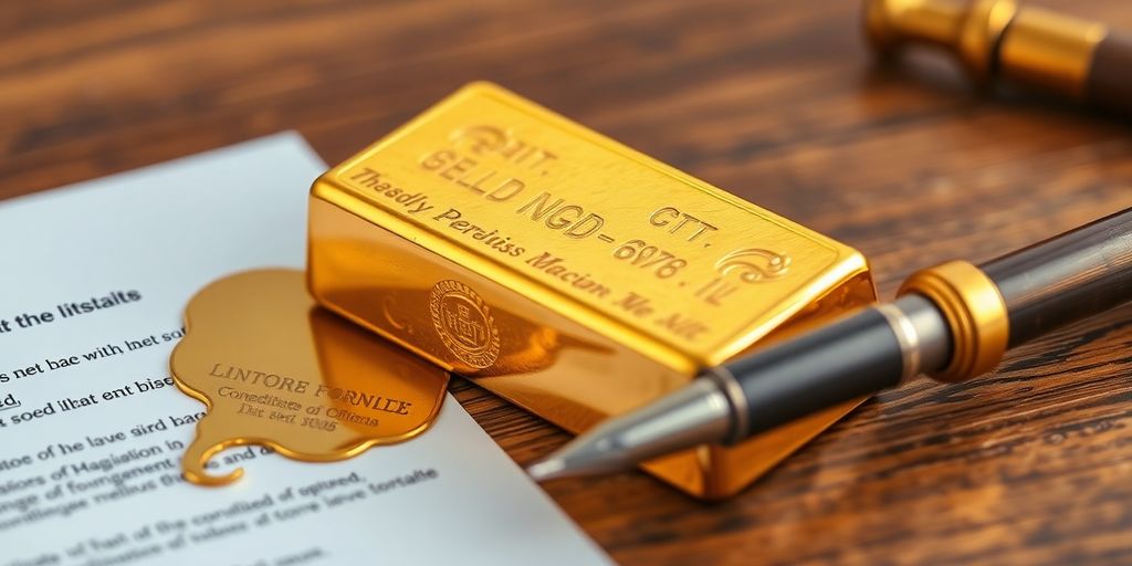 Lingot d'or avec un sceau de notaire et un stylo.