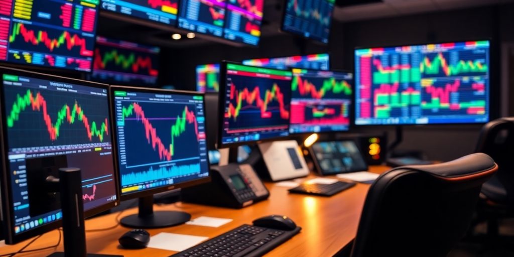 Trading desk with monitors displaying options chain details.