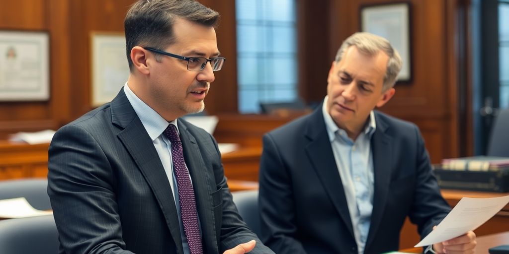 Criminal defense lawyer consulting with client in courtroom.