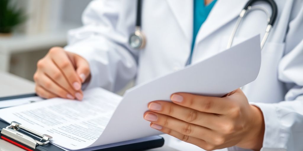 Healthcare professional examines translated medical documents.