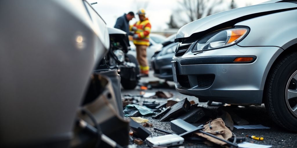 Damaged cars at an accident scene with emergency responders.