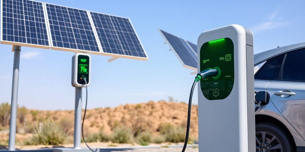 Solar panels powering outdoor EV charging station.
