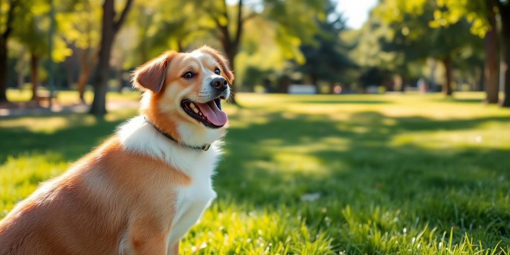 Happy dog obeying command in Double Bay park