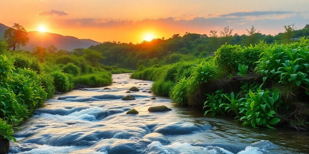 Serene landscape with greenery, water, and sunrise.