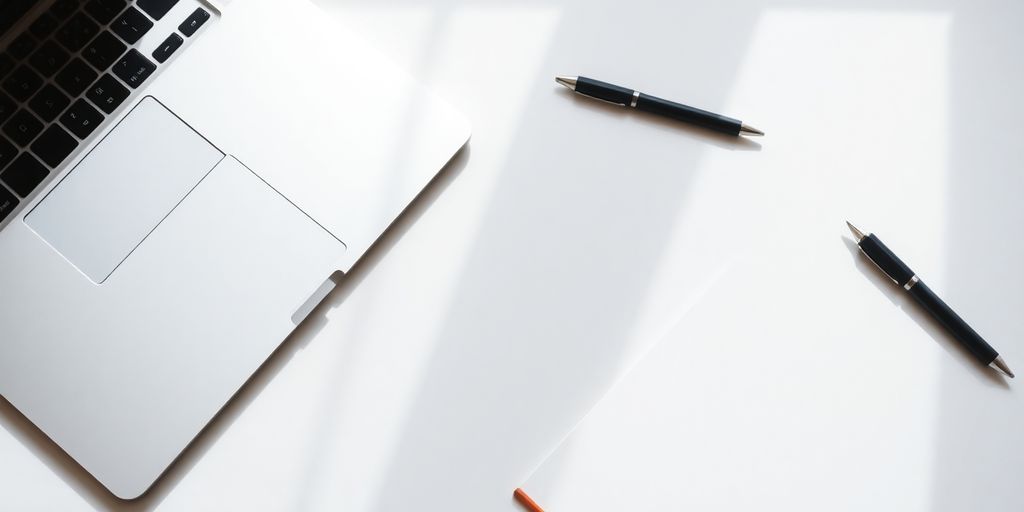 Professional workspace with laptop and notebook for writing.
