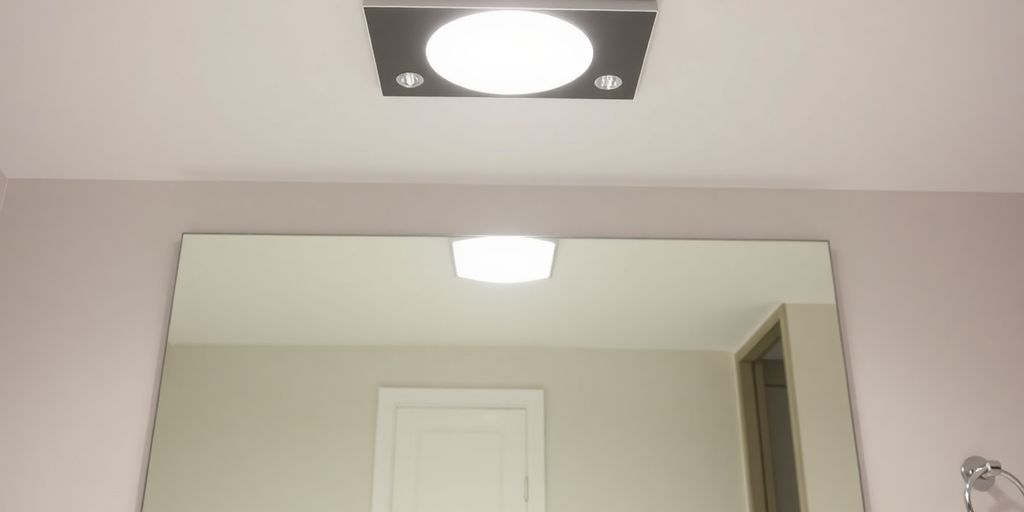 Flush mount light above a bathroom mirror.