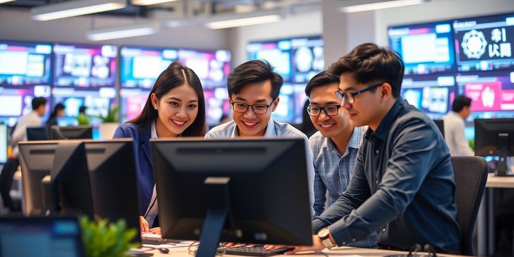 Engineers collaborating on AI chatbot development in a tech workspace.