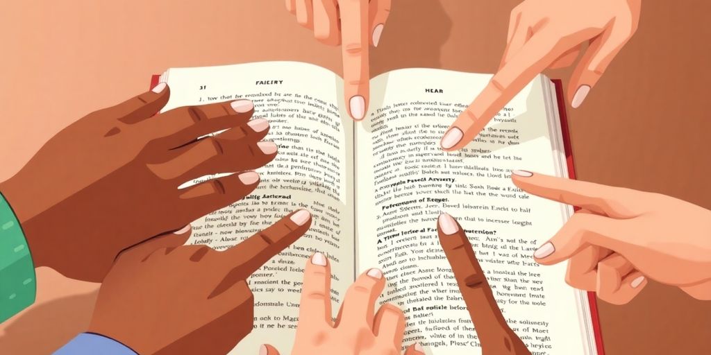Open book, diverse hands pointing to content.